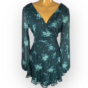 Green Floral Chiffon Mini Dress Balloon Sleeve V Neck Ruffle Hem Romantic L